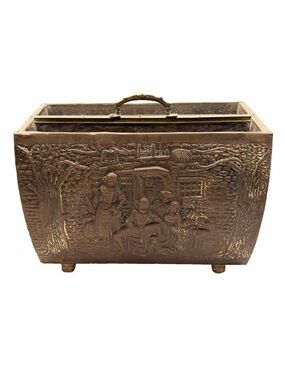 Vintage Hammered Brass Metal & Wood Newspaper Magazine Rack Box Cottage Decor